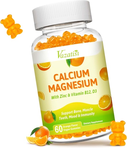 [BRSRA2YLBYMBAFDV] Calcium Magnesium Zinc Gummies with Vitamin D3 and K2, High Absorption Magnesium Glycinate Potassium for Immune and Calm Mood, Vegan Orange Flavor 60 Gummies