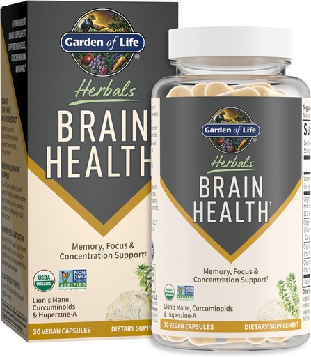 [BRSROFI3DJYGM233] Garden of Life Brain Health Suplemento con la Mane " Turmeric, Non-GMO, Libre de gluten, Sabor de la menta - para la memoria, Focus " Función cerebral sana