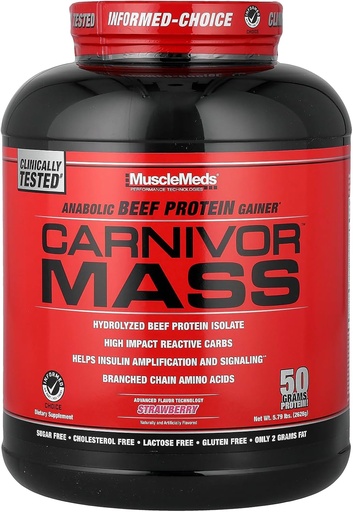 [BRSWIBATON5QKFQ7] MuscleMeds Carnivor 질량 신진 대사 쇠고기 단백질 게인, 딸기, 6 파운드