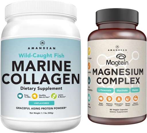 [BRSRAZINO4BAKHIY] AMANDEAN Premium Magnesium Complex & Marine Collagen Bundle. Hoge absorptie Magnesium Threonate, Glycinate & Malate. Gehydrolyseerde vis. Ondersteuning Kwaliteit Slapen, Huid & Mood