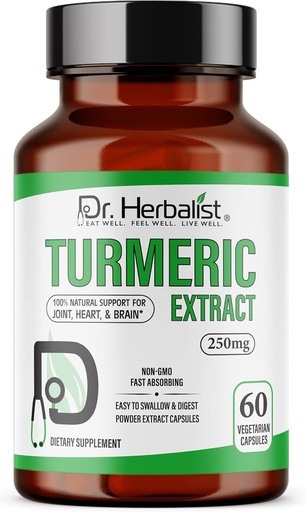 [BRSW2CT3OYMRMFDU] Dr. HERBALIST Turmeric Curcumin Extracto 250mg - 60 cápsulas veganos TEN 10:1 Extracto = 2.500mg Turmeric cruda TEN Estándarizado para Curcuminoides Biodisponibles ANTE Sostenimiento natural basado en plantas