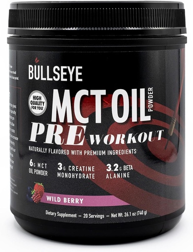 [BRSRAHAHCIBBM3Y6] Bullseye MCT 기름 전 운동 보충교재 - 크레아틴 Monohydrate, 중간 사슬 Triglycerides, beta Alanine, 카페인, L-Citrulline, 근육 게인, 초점, 내구시간, 에너지 -20 서빙 - 야생 Berry