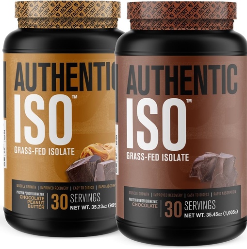 [BRSRAGINAACBSD3G] Jacked Factory Autentisk ISO Grass Fed Whey Protein Isolate pulver - Lav karbohydrat, Ikke-GMO Muscle Building Protein m/No Fillers (Chokolate Peanut Butter, 30sv) & (Chokolate, 30sv)