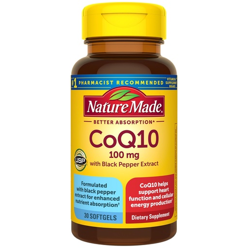 [BRSW2AIYCQORU23F] Nature Made CoQ10 100mg with Black Pepper Extract for Enhanced Nutrient Absorption, Dietary CoQ10 Supplement for Heart Health Support, 30 Softgels, 30 Day Supply