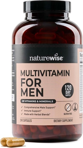 [BRSRAZI6DN6GKCLF] NatureWise Multivitamin pro muže - Denní mužská podpora - Minerály & Byliny pro energii, výkon, imunitu - s vitaminem A, C, D, B-Complex - Soy & Gluten-Free, Non- GMO - 240 Kapsle [6- Měsíční dodávky]