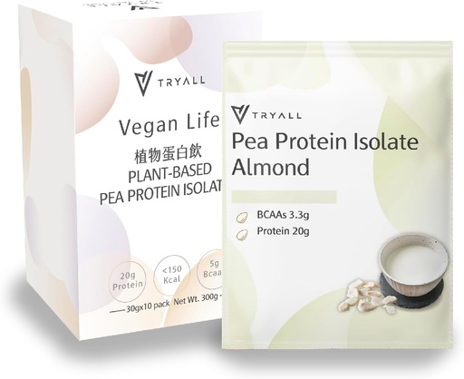 [BRSWY2Q6AQPGYFYV] TRYALL Plant Based Pea Protein Powder Isolate (20g of Protein) Travel Sachets (Almond Milk, 10 Packs)