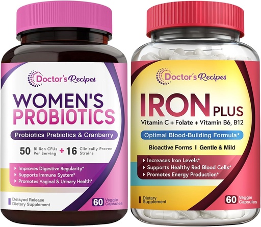 [BRSRA2QFAANBYHIY] Doctor's Recipes Women's Probiotic & Iron Plus Bundle, Feminine Health & Blood Support, Probiotic Capsules 60ct & Iron Capsules 60 ct