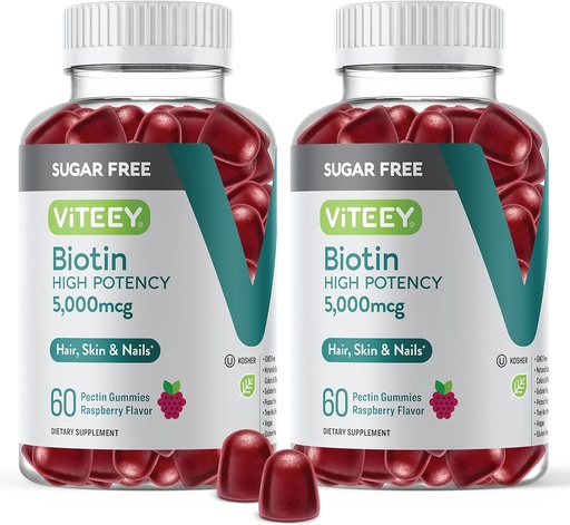 [BRSRMHQTCINROFDG] VITEEY Biotin Gummies for Hair, Skin, and Nails 5,000mcg - Sugar Free - Hair Growth Gummies, Healthy Skin Glow, Strong Healthy Nail Growth - Vegan, Gluten Free, Gelatin Free- Chewable Raspberry Flavor