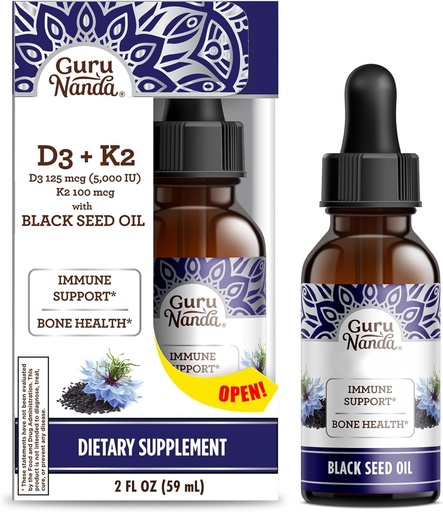 [BRSRAGD2AQBA4G3F] GuruNanda Wellness Bundle: Liquid Ashwagandha with Bacopa (1 Fl Oz) for Focus & Relaxation Support & Black Seed Oil (2 Fl Oz) with Vitamin D3, K2 & E for Immune Boosting - Vegan & Non-GMO