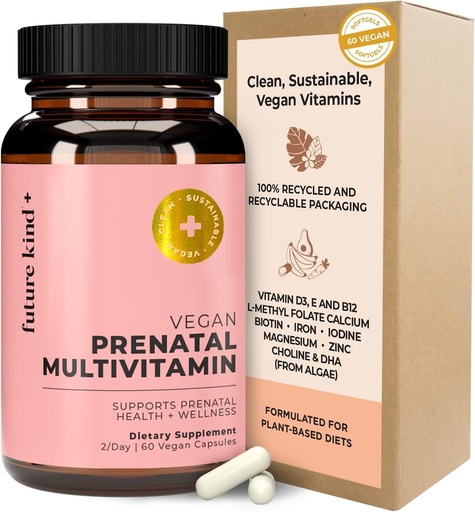 [BRSRMHYEOZ5GCGY7] Future Kind Vegan Prenatal Vitamin with DHA & L-Methylfolate in Glass Bottle - Prenatal Folate Supplement for Women with Vitamin D & E, Iron & Biotin - Gluten-Free, Non-GMO (60ct)