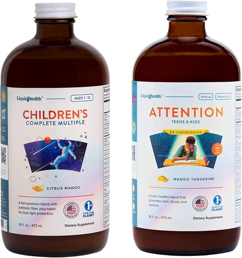 [BRSRMAQODJYGMELL] LIQUIDHEALTH Niños completos multivitamina &amp; Atención Adolescentes &amp; Niños líquidos de vitamina Bundle para niños - Immune Support, Mejorar el enfoque, concentración, Boost Mood - Vegan, No GMO, Made in USA