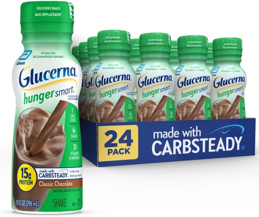 [BRSWGEA7DEDWKDL7] Glucerna Hunger Smart Diabetes Care Shake, Classic Chocolate, Diabetic Meal Náhrada na podporu řízení krevního cukru, 15g protein, 180 kalorií, připraven k pití, 10- fl- oz láhev, 24 balení
