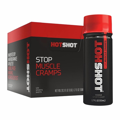 [BRSWKFQMOR4B63LY] HOTSHOT Sports Shot Muscle Cramp Relief, All Natural Liquid Sports Drink, cientificamente provado, para Pernas e Cães Noturnos, Orgulhosamente NSF Certificado para Esporte, (Spicy Mango) (1,7 Fl Oz) (Pacote de 12)