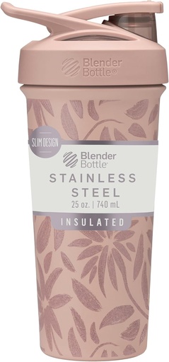 [BRSRAAQDAUMGEFLO] BlenderBottle Strada Flip Shaker Cup Insulated Stainless Steel Water Bottle with Wire Whisk, 25-Ounce, Brown Flowers