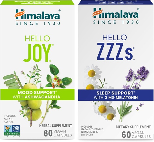 [BRSROFT2OJ5Q4AD2] Himalaya Hei Joy Ashwagandha parantaa mielialan ja henget & Hei ZZZs Melatonin uni tuki, 60 kapselia Jokainen - Bundle