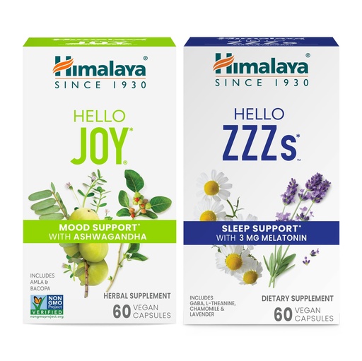 [BRSROFT2OJ5Q4AD2] Himalaya Hello Joy with Ashwagandha for Improving Mood and Spirits & Hello ZZZs with Melatonin for Sleep Support, 60 Capsules Each - Bundle