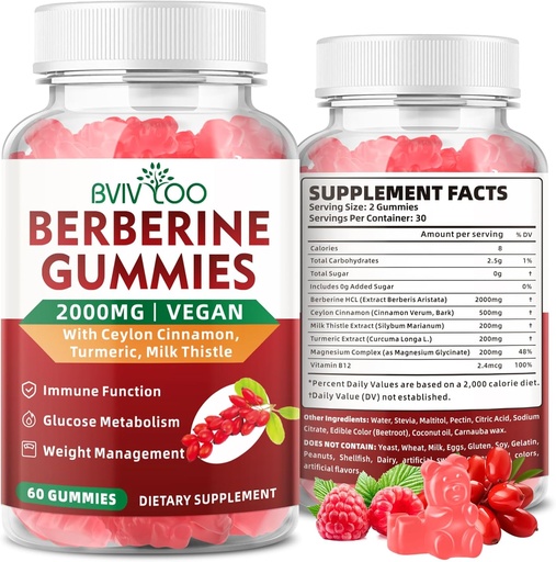 [BRSRA2Y7PIIQACY7] Premium Berberine Gummies, 2000mg High Potency Berberine HCI Supplement, Plus Ceylon Cinnamon, Milk Thistle for Women & Men, Immune System & Metabolism Support - 60 Gummies