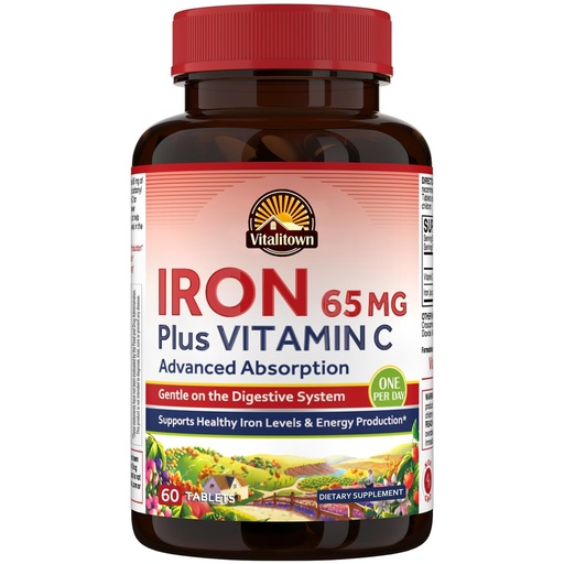 [BRSW2HD6OYGR4H3L] Vitalitown Iron Supplement for Women Men, High Potency 65mg Iron with Vitamin C 250mg, Less Constipating, Better for Blood Building & Energy Improvement, No Gluten, Non-GMO,60 Vegan Iron Pills