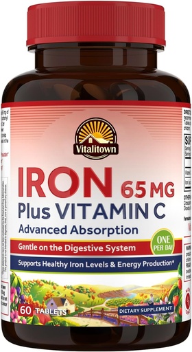 [BRSW2HD6OYGR4H3L] Vitalitown Iron Supplement for Women Men, Hign Potency 65mg Iron with Vitamin C 250mg, Less Constipating, Better for Blood Building & Energy Improvement, No Gluten, Non-GMO 60 Vegan Iron Pills