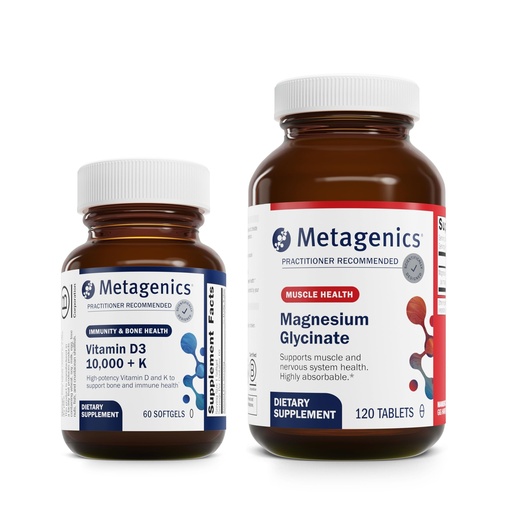 [BRSRA2YKAF5REH3G] Metagenics Bundle - D3 10,000 + K & Magnesium Glycinate - 60 Softgels of D3 for Immune Support, Bone Health & Heart Health* - 120 Tablets of Magnesium Glycinate for Nervous System Support*