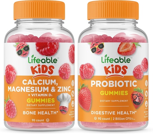 [BRSRMYIZCR6AG2QZ] Lebensfähiges Calcium Magnesium & Zink Kids + Probiotic 2 Billion CFU Kids, Gummis Bundle - Große Verkostung, Vitamin Supplement, Glutenfrei, GMO frei, Kaugummi