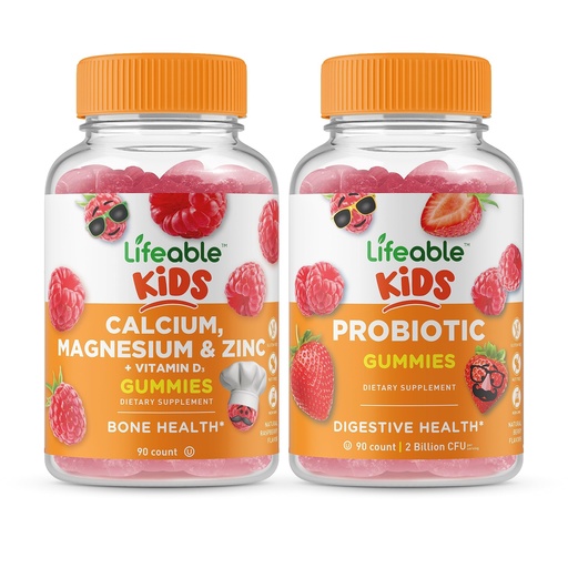 [BRSRMYIZCR6AG2QZ] Lifeable Calcium Magnesium & Zinc Kids + Probiotic 2 Billion CFU Kids, Gummies Bundle - Great Tasting, Vitamin Supplement, Gluten Free, GMO Free, Chewable Gummy