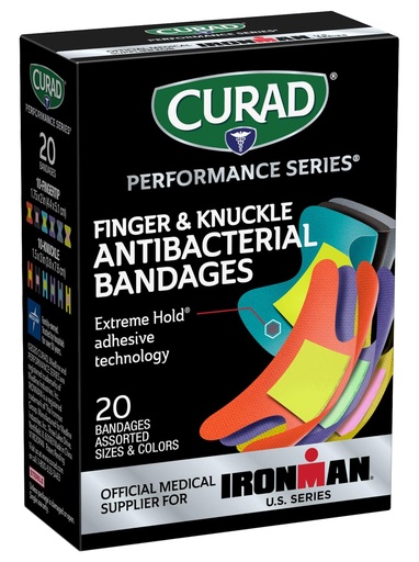 [BRSWYFLQBV6RGG32] CURAD Performance Series IRONMAN Antibacterial Bandages, Extreme Hold Adhesive Technology, Finger & Knuckle Bandages, Flexible Fabric, Variety Pack with Assorted Sizes & Colors, 20 Count