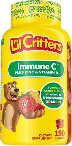 [BRSWICYECAAGCCTM] L'il Critters Kids Immune C Gummy Supplement met vitamine C, zink en vitamine D3 voor Immune Support, 190 ct (95-190 dagen levering), 4 heerlijke smaken uit Amerika