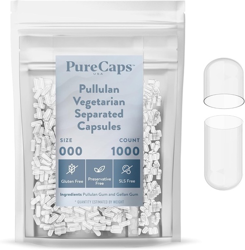 [BRSWYZACOBYWA33U] PureCaps USA - Empty Vegetarian Vegan Pullulan Pill Capsules Size 000 | 1,000 Separated Pills| Clear| Non-GMO Certified | SLS, Gluten, Preservative Free