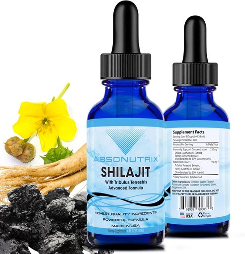[BRSRAYADPJ6RQYD4] Absonutrix Shilajit with Tribulus Terrestris 390 mg, 4 Oz Liquid, 300 Servings, Made in USA, Quick Absorption, Quality Potent Ingredients, Non-GMO, GMP Certified Facility, Cruelty-Free Products