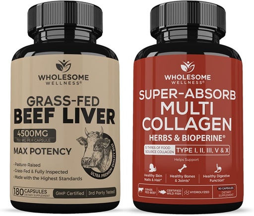 [BRSRAYDYDMHGMHIV] Grass Fed Desiccated Beef Liver Capsules (180 Pills, 750mg Cada uno) - Natural Iron, Vitamina A, B12 for Energy + Super-Absorb Multi Collagen Pills (Type I II III V X) Organic Herbs and Bioperine Bundle