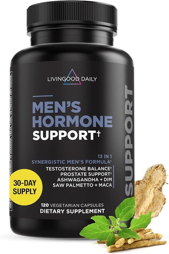 [BRSROHQNDNYAG3LA] Livingood Daily Men's Hormone Support Supplement for Vitality & Balance, 14-in-1 Testosterone Booster for Men with Ashwagandha, Maca, DIM, Zinc, Saw Palmetto, Vitamin B12 & More, Vegan, 120 Capsules