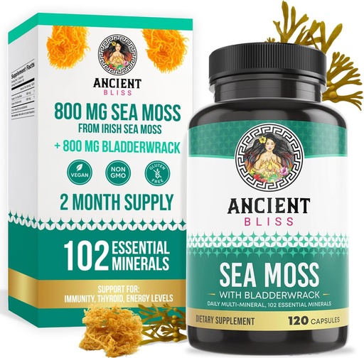 [BRSW2BAQOZYAYDTV] Ancient Bliss Organic Irish Sea Moss Хапчета - Д-р Sebi Wildcrafted Seamos капсули  гофрирани, Здрава кожа & Gut Support  по 120 капсули