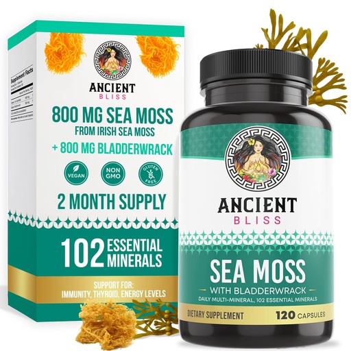 [BRSW2BAQOZYAYDTV] Ancient Bliss Organic Irish Sea Moss Pills - Dr Sebi Wildcrafted Seamoss Capsules | Thyroid, Healthy Skin & Gut Support | 120 Capsules