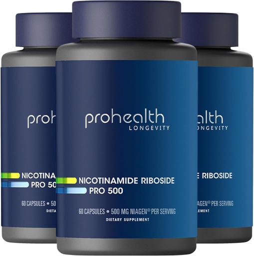 [BRSRAAAEAUFGKD3O] ProHealth Nicotinamide Riboside Pro 500. Patented NR Niagen 500mg Plus 250mg TMG. NAD+ Suplemento Boosts NAD+. Suplemento NR Provenido en 300 Estudios. 30 Servicios (3 Pack)