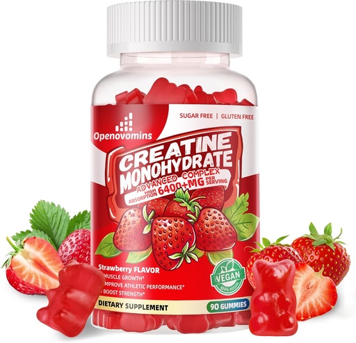 [BRSRAGQQOUMQ2C3J] Creatine Monohydraat Gummies Complex for Men & Women - Advanced Formula W/L-Taurine + Vitamine B12, Sugar Free Chewable Supplement,90 Aardbei Gummies