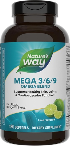 [BRSWIYTQPMAB22I7] Nature's Way Mega 3/6/9 Omega Blend, toetab tervislikku nahka, liigeseid, südame-veresoonkonna funktsiooni *, kala, lina, kurgiõli, 180 laimimaitselist pehmet (pakendamine võib varieeruda)