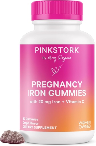 [BRSWYCYZOR4GMCLA] Pink Stork Prenatal Iron Supplement Gummies for Women - 20 mg with Vitamin C - Grape Chewable for Deficiency, Energy, & Blood Builder - 60 Gummy Chews