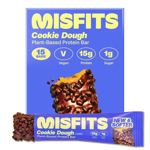 [BRSRAZTQC4PB63I6] Misfits Vegan Protein Bars, Cookie Dough - Updated Recipe | Plant Based, Low Sugar & Carb, High Fiber Snacks | Pack of 15
