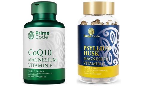 [BRSRAH37OEFGG23H] Prime Code CoQ10 250mg with Magnesium Glycinate and Vitamin E, Psyllium Husk Capsules with Magnesium Citrate and Vitamin C