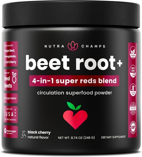 [BRSWKE35CMNBMAY3] NutraChamps Beet Root Powder Circulation Supplement, Superfood Powder Nitric Oxide with Beetroot Juice, Super Reds & Grape Seed Extract, No Sugar Beet Supplement - 8.74 Oz