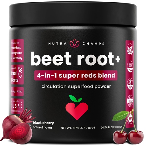 [BRSWKE35CMNBMAY3] NutraChamps Beet Root Powder Circulation Supplement, Superfood Powder Nitric Oxide with Beetroot Juice, Super Reds & Grape Seed Extract, No Sugar Beet Supplement - 8.74 Oz