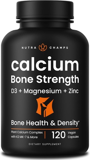 [BRSWYFAOAAIGAA3U] Calcium Supplement for Bone Strength | Plant Calcium Citrate + Vitamin D3, K2, Magnesium, Zinc, Potassium, Boron & Strontium | Premium Extra Strength Bone Health & Density Complex | 120 Vegan Capsules