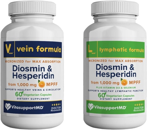 [BRSRAFIQOZYQEHYV] VITASUPPORTMD - Vein and Lymphatic Formula Bundle, Diosmin Hesperidin 1000 mg, 2x60 Capsules, MPFF Complex for Circulation, Lymphatic and Vein Support