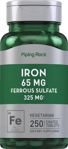 [BRSWIFDQAYJQMCAZ] Piping Rock Ferrous Sulfate 65 mg | 250 Tablets | Suplemento de ferro | Fórmula de alta potencia | Vegetarian, Non-GMO, Gluten Free