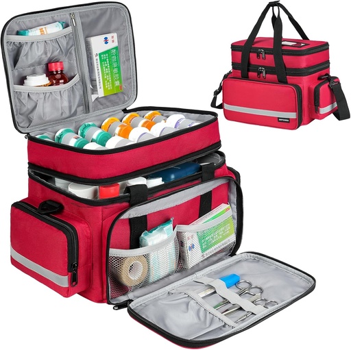 [BRSRAGIHAQHRMCD2] Large Pill Bottle Organizer, Double Layers Medicine Storage Bag with Lockable Zippers and Shoulder Strap,Medication Travel Bag for Prescription Bottles, Vitamins & Medical Supplies, Red (Bag Only)