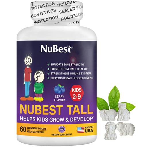 [BRSWYBLYCEPAGFL6] NuBest Tall Kids - Multivitamins & Minerals for Age 2 to 9 - Bone Strength & Immunity Support - Helps Kids, Toddlers Healthy - Animal Shapes - 60 Chewable Berry Tablets | 1 Month Supply