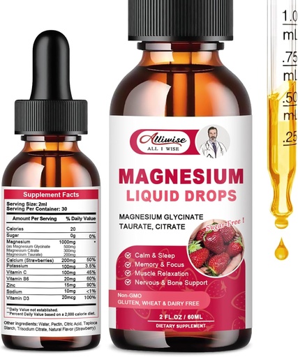 [BRSROZIFOEIBGDIV] Supplément liquide de magnésium à absorption élevée 1000MG, complexe avec glycinate de magnésium 500MG, Citrate,Taurate pour la biodisponibilité. 3 TOP Magnésiums dans un supplément-arôme de mûrier