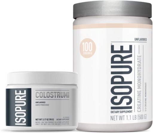 [BRSRAZL4AANB6F3X] Bundle of Isopure Bovine Colostrum Supplement Powder, Gently Processed, 90 Servings + Isopure Unflavored Creatine Monohydrate Powder, 5g Creatine Monohydrate per Scoop, 100 Servings, 500g