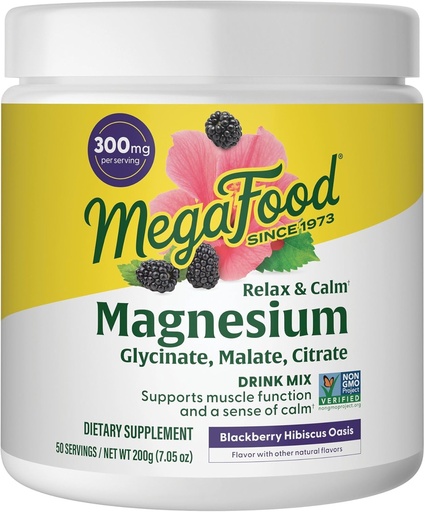 [BRSWYZATB4NQ2D34] MegaFood Relax + Calm Magnesium Powder - Högt Absorbable Magnesium Glycinate, Magnesium Citrate & Magnesium Malate - Utan 9 livsmedelsallergener - Blackberry Hibiscus Oasis - 7,05 Oz (50 portioner)